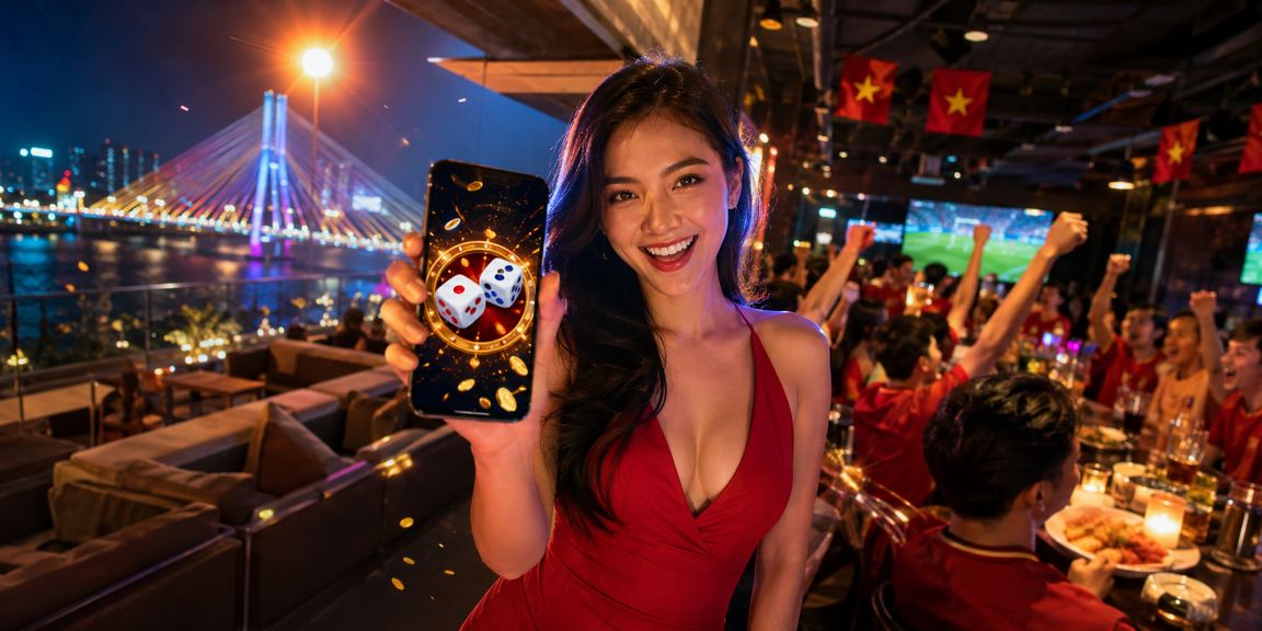 Ánh đèn neon Cần Thơ về đêm và xúc xắc tài xỉu phát sáng – biểu tượng giải trí trực tuyến