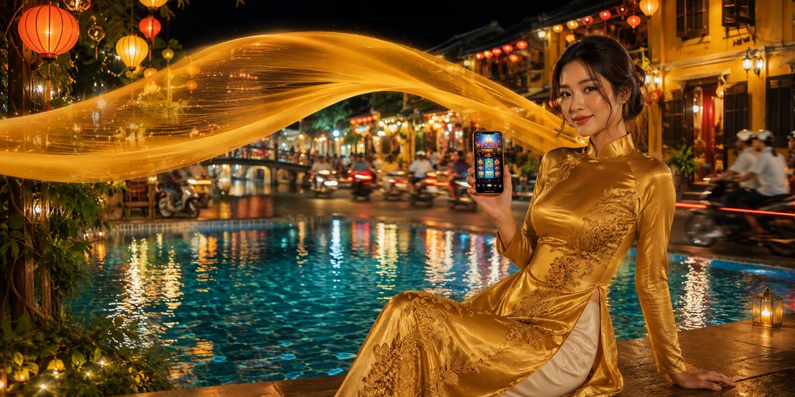 Người dùng tại Hội An trải nghiệm ứng dụng cá cược owin trên điện thoại với trang phục áo dài truyền thống