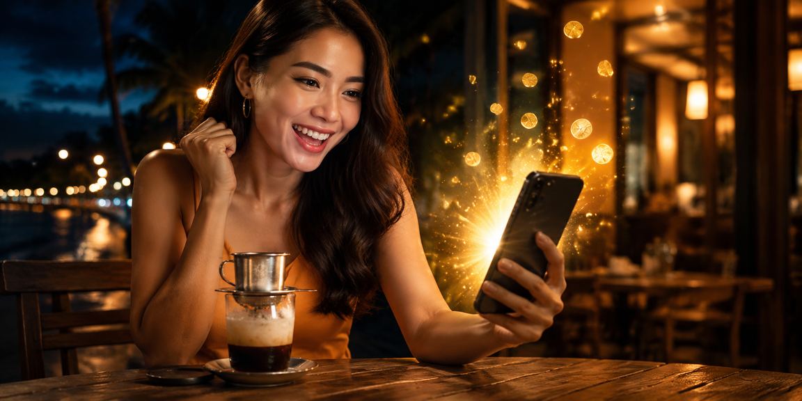 Bãi biển Mũi Né buổi sáng với tách cà phê và ưu đãi đăng ký mới của owin