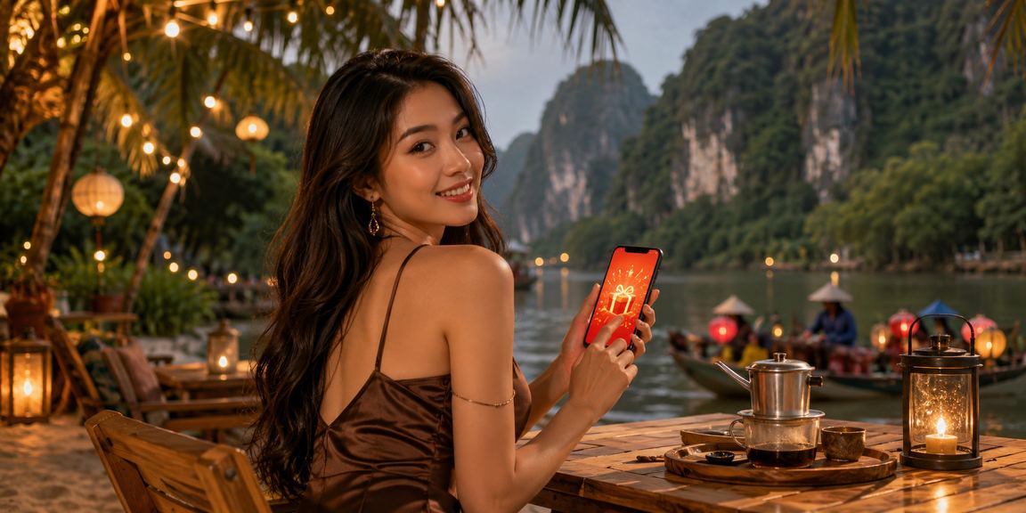 Phong bì đỏ may mắn trên nền cảnh quan Ninh Bình – biểu tượng bonus chào mừng owin